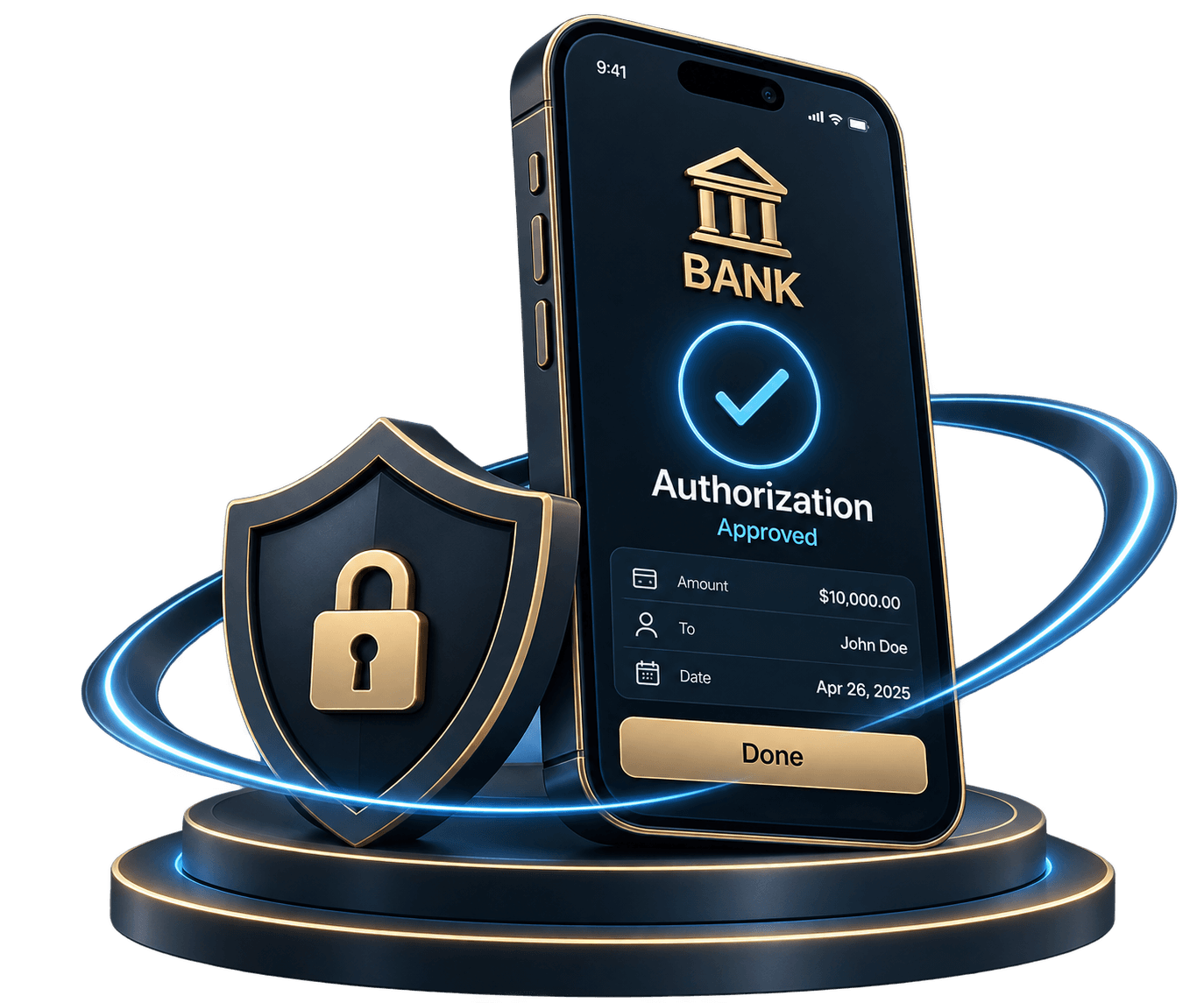 A banking phone displaying an approved authorization beside a shield and padlock, surrounded by a blue ring.