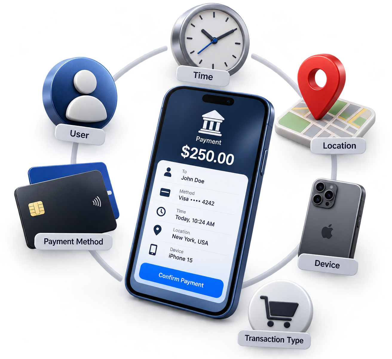 Illustrative payment context showing a customer, time, location, payment method, device, and transaction type.